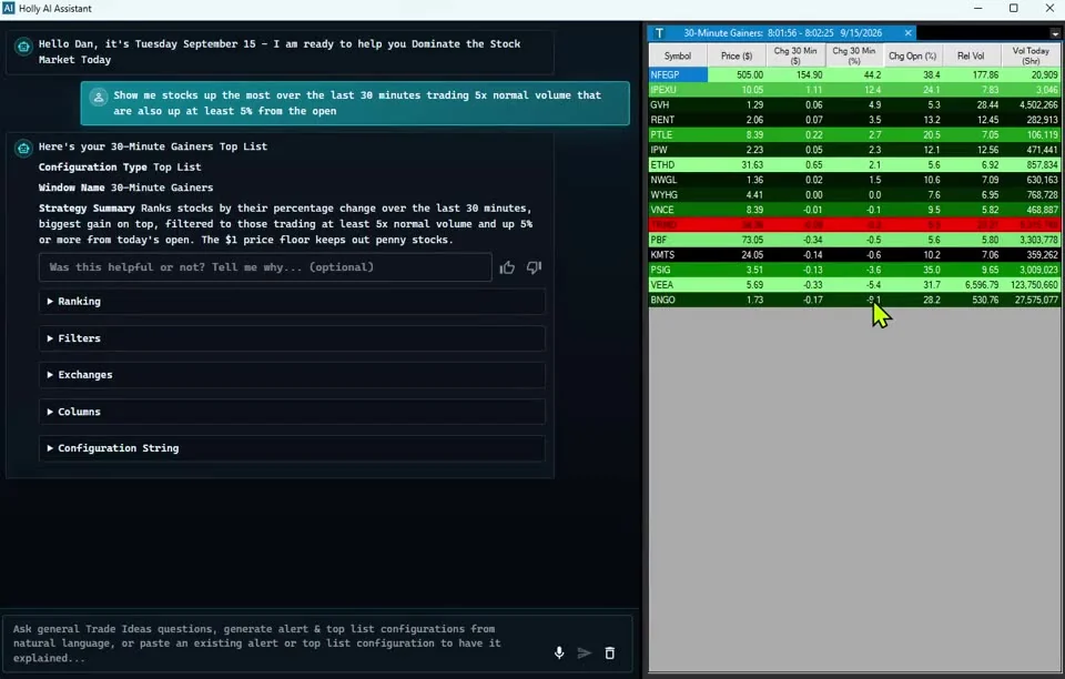 Top List filter settings in Trade Ideas