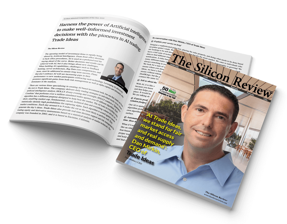 Open copy of The Silicon Review, 2021. Dan Mirkin is on the cover, next to the line At Trade Ideas, we stand for fair market access and real supply and demand.
